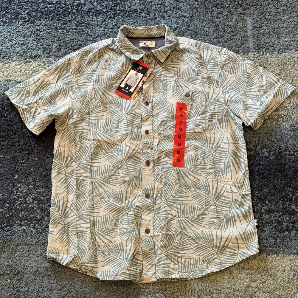 NWT Hang Ten Men's M Tropical Palm Leaf Hawaiian Short Sleeve Button Up Shirt